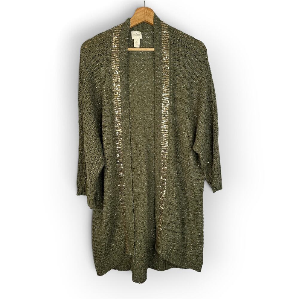 Chicos Women size 2 L Metallic Sequin Trim Open Cardigan Olive Gold Duster Glam